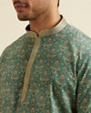 alt message - Manyavar Men Light Mid Green Medallion Print Short Kurta image number 1